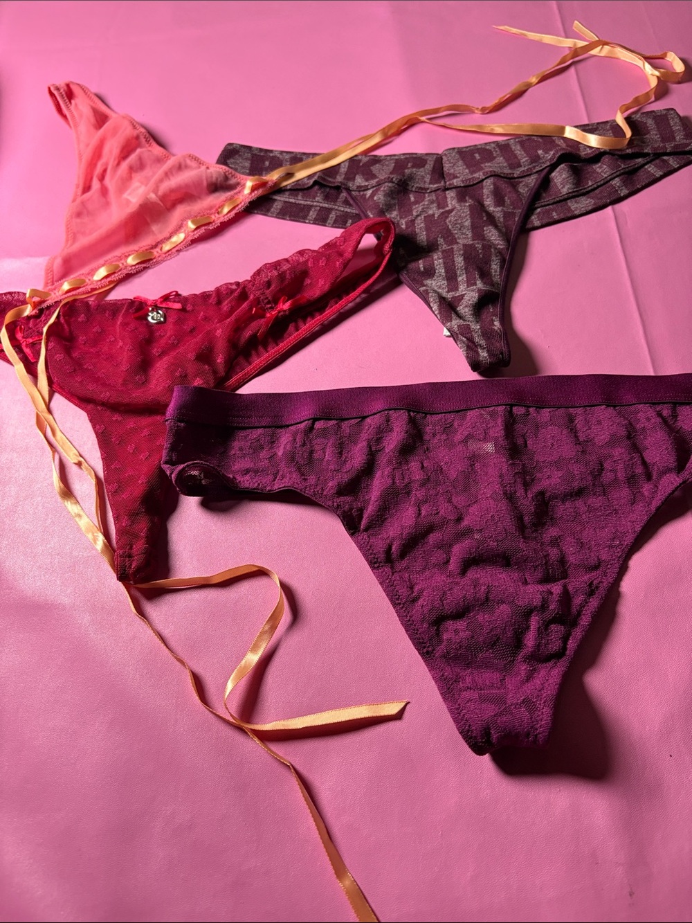 Victoria's Secret Lace & Logo Thong Set - Plum, Burgundy, Coral